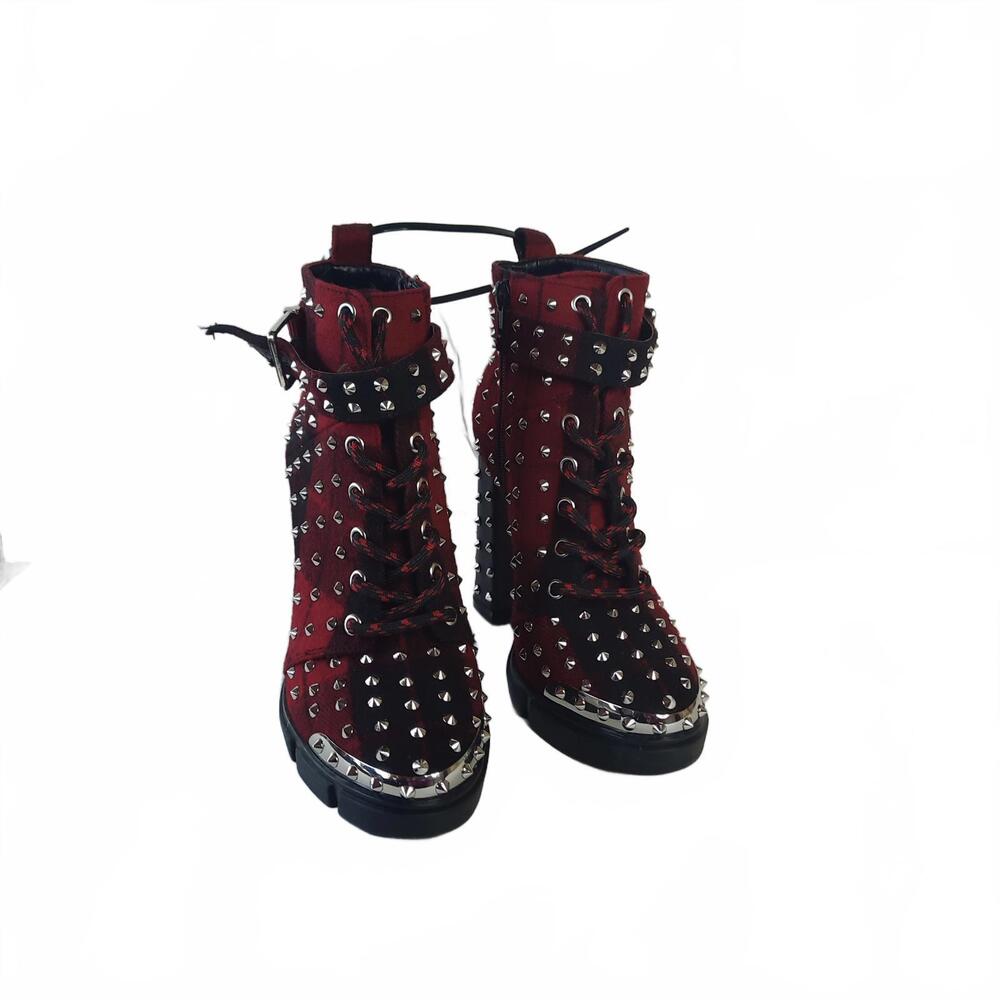 Gianni Bini Red and Black Plaid Studded Chunky Boots Size 7.5 - Picture 2 of 6